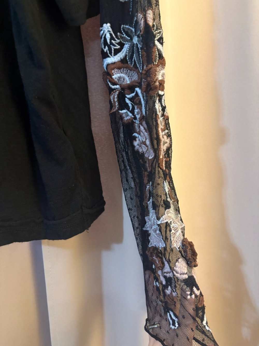 Free People Black Tee with Embroidered Sheer Floral Sleeves - Picture 3 of 6